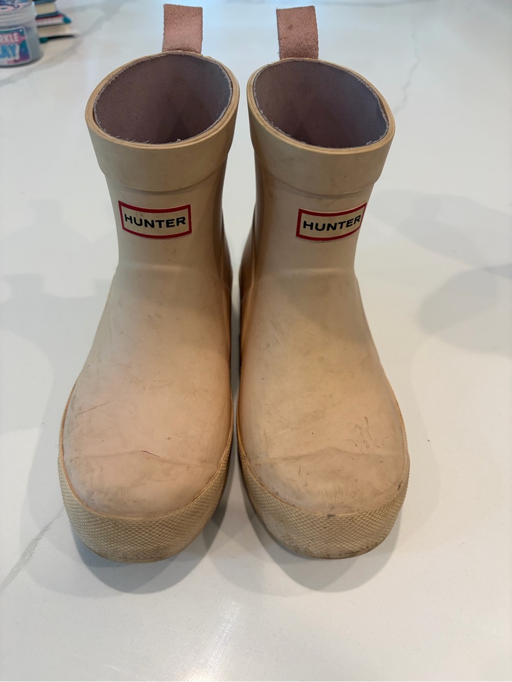 Hunter Kids Light Pink Rubber Rain Boots with Pink Pull Tabs